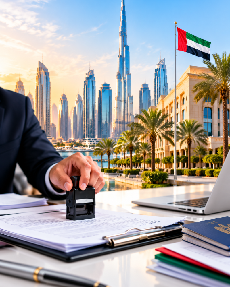 Dubai Document Clearing Desk and Skyline